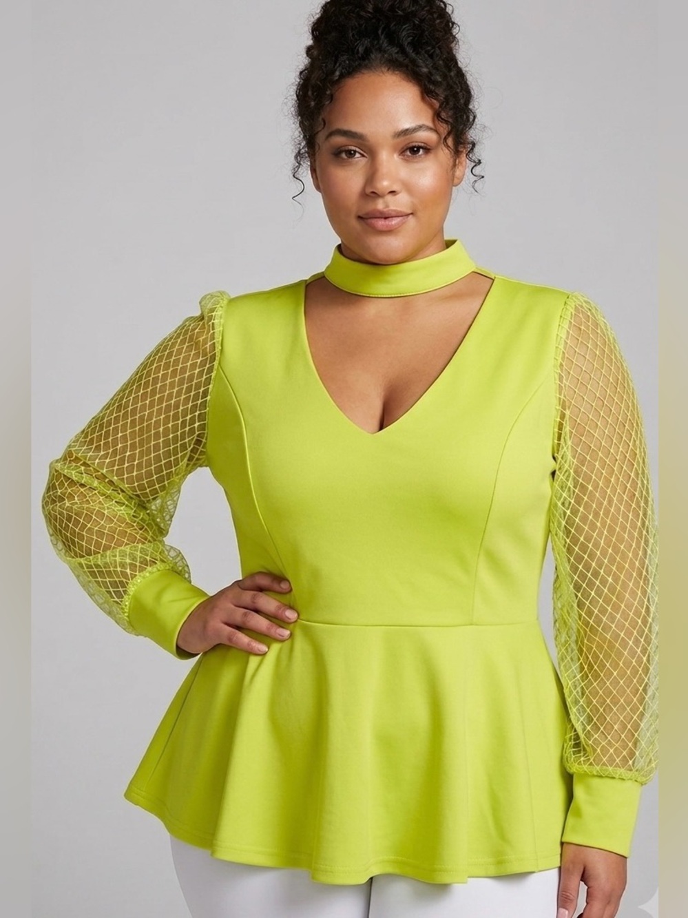 ASHLEY STEWART Green Oasis Basket Weave Long-sleeve Peplum Top